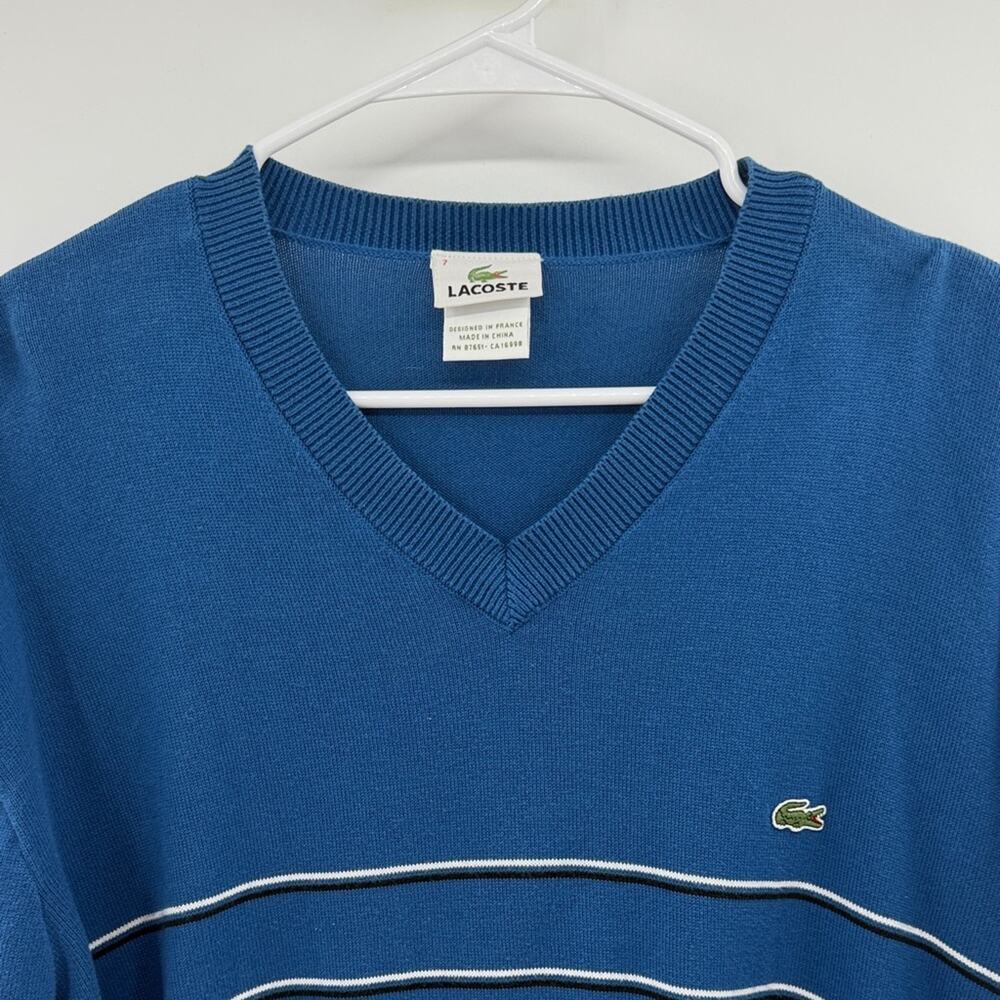 Lacoste Men's V-neck Cotton Sweater - Blue/White - 7 or US XXL